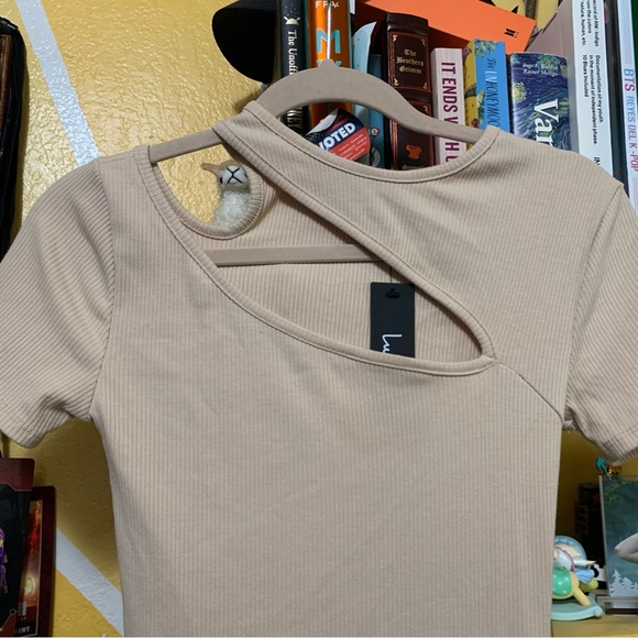 NWT Lulus Slice of Life Beige Ribbed Asymmetrical Cutout Mini Dress Size Small - Picture 6 of 8